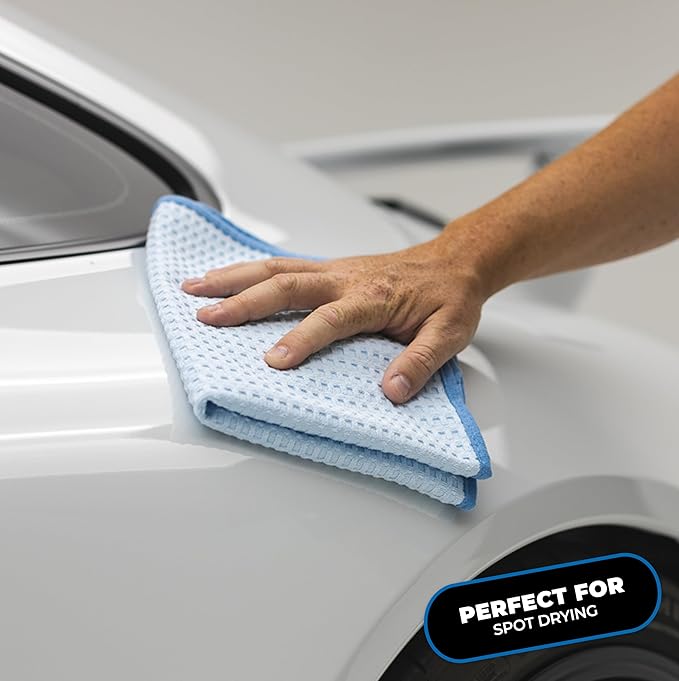 The Rag Company - Dry Me A River - Professional Korean 70/30 Blend Microfiber Waffle-Weave Drying & Detailing Towels, Soft Suede Edges, 390gsm, 16in x 16in, Light Blue (5-Pack)