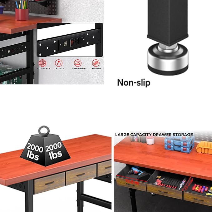 60in Adjustable Height Workbench Desk with Drawers,Power Outlets, Rubber Wood Top Heavy-Duty Work Table, 2000 LBS Load Capacity Work Station for Garage, Workshop, Office, Home