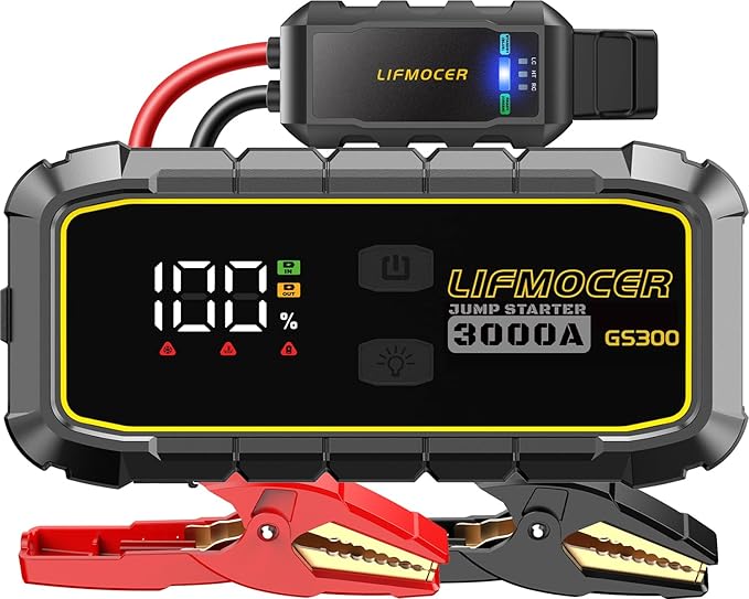 GS300 Car Jump Starter,3000A Portable Battery Jumper Starter for Up to 10.0L Gas & 8.0L Diesel Engines,59.2WH 12V Jump Box with Storage Case,USB Quick Charge,LCD Display,for Cars,Motorcycles,Trucks