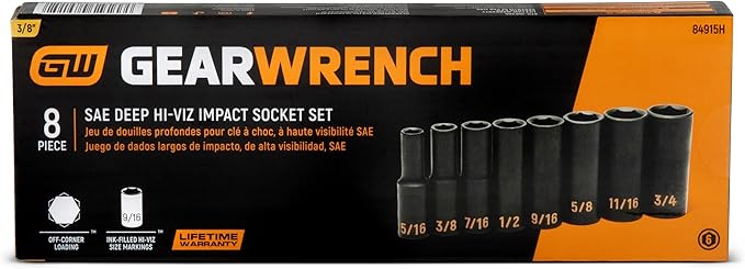 GEARWRENCH 8 Piece 3/8" Drive 6 Point SAE Hi-Viz Deep Impact Socket Set | 84915H