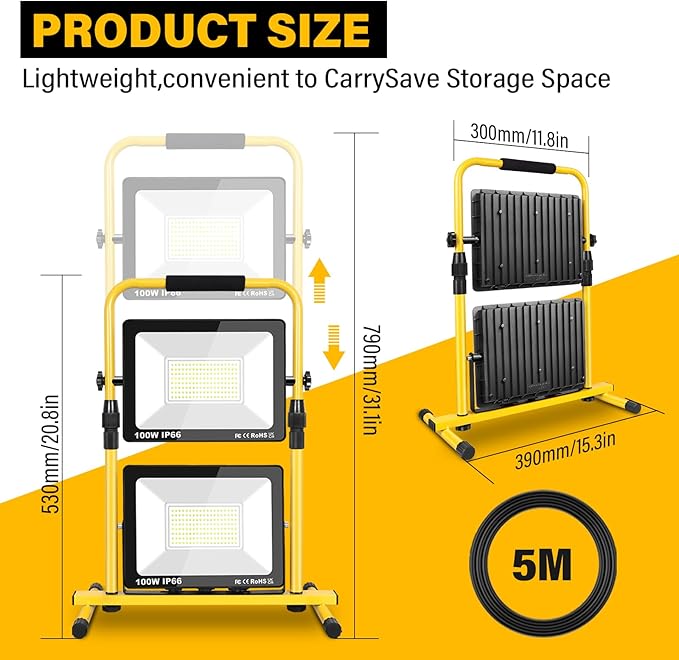 Willpower Portable Stand LED Work Light, 2X 100W 20000LM Floodlights Folding Job Site Security Lights for Camping Workshop Garage Garden Outdoor Lighting, 5M Wire with Plug, IP65, 6000K White
