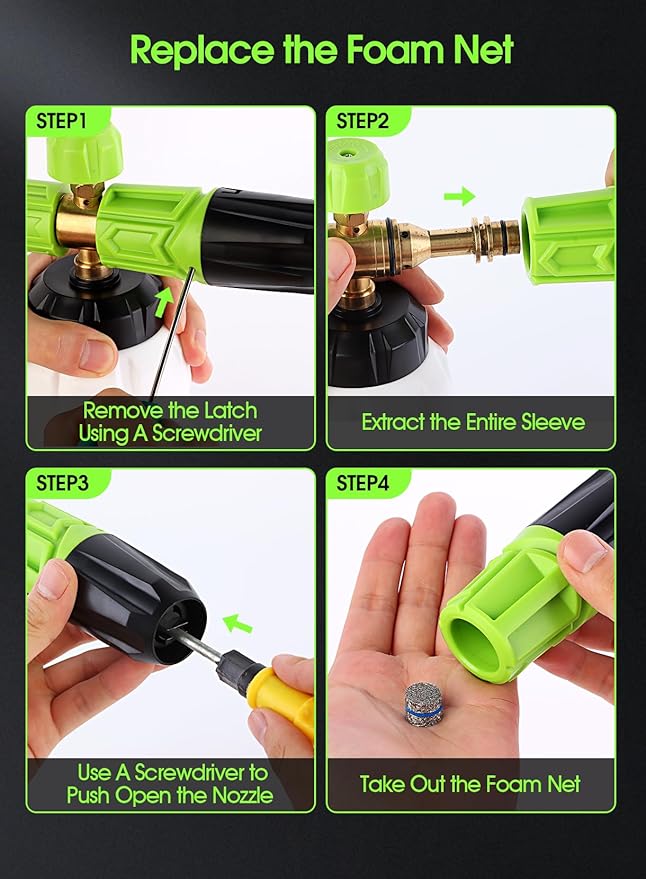 Foam Cannon for Pressure Washer (Wide Mouth), Stainless Steel Filter Thick Snow Car Wash Foam Gun, Adjustable Soap Cannon with 1/4“ Quick Connector, Additional 1.1mm Orifice Nozzle, 1L HDPE Bottle