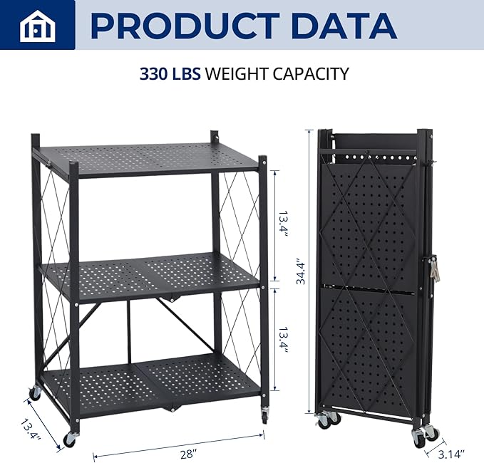 3 Tier Foldable Storage Shelves with Wheels, Metal Collapsible Organization Storage Rack, No Assembly Folding Bookshelf, Rolling Storage Rack for Kitchen, Bedroom, Pantry, Garage, Display, Black