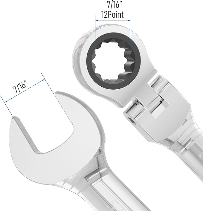 7/16 Inch Flex-Head Ratcheting Combination Wrench SAE 72 Teeth 12 Point Ratchet Box Ended and Open End Spanner Tools, Flexible Head Gear Wrench, Heat-Treated CR-V