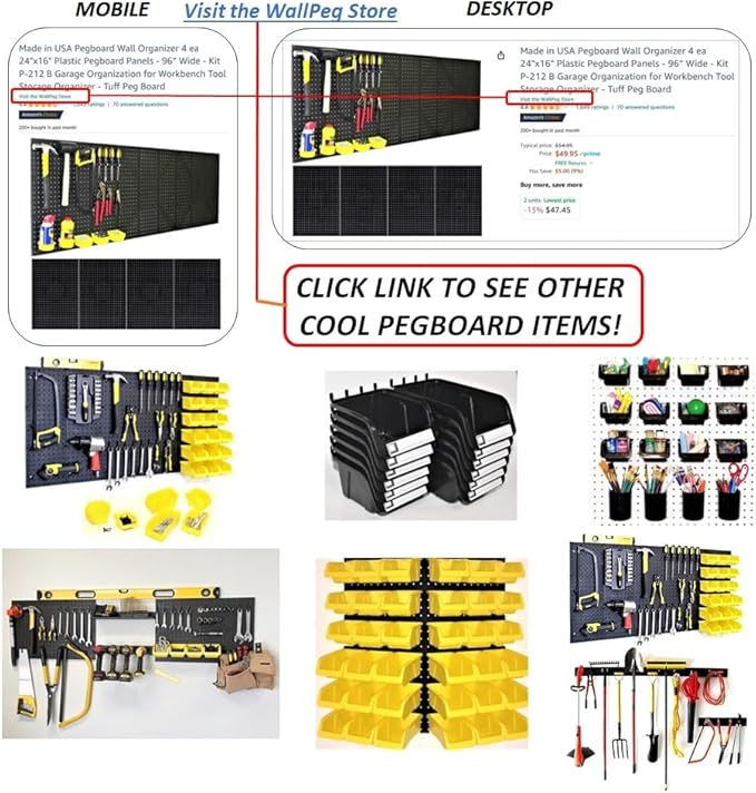 WallPeg Pegboard Bins & Cups - 15 each 5" Bins and 5 each 5" Cups - Hooks to Peg Board Panel Organize Hardware Arrange Accessories Workbench Tool Organizer Garage Storage -MADE IN USA-