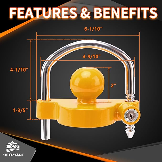 METOWARE Keyed Alike Trailer Lock Set: Universal Trailer Coupler Lock, 2 Dual Bent Pin Trailer Hitch Locks (1/2" & 5/8") and Trailer Tongue Lock - 3-Piece Anti-Theft Towing Security Kit, Yellow