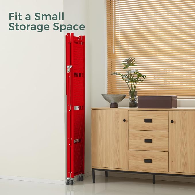 DEANIC 5-Shelf Folding Bookcase with Wheels, Heavy Duty Storage Shelves, Freestanding Metal Wire Shelving Unit for Living Room, Office, Kitchen, Basement, Pantry(Red)