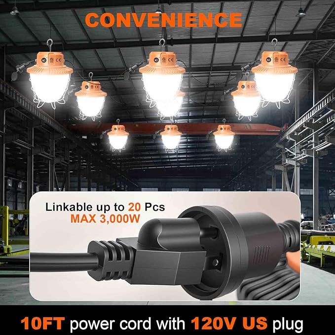 150W Temporary Work Light 360° Area 37500LM 5000K Light for Jobsite, IP65 Hanging Work Light with Hook, 3300 sq.ft Coverage Portable Construction Light for Garage Warehouse Workshop