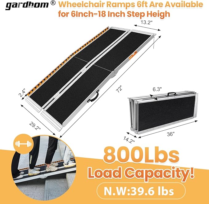 Portable Ramp 6FT, gardhom Non Skid Aluminum Folding Wheelchair Ramp Handicap Ramp Wheel Chair Ramps for Home Entrance Threshold Doorways Stairs Curbs Scooter
