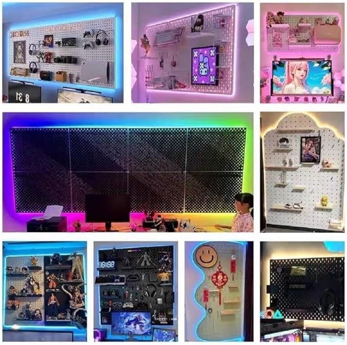 Peg Board with RGB+IC LED Strip Lights,2PCS Metal Pegboard Panels,Heavy Duty Pegboard Gaming Room Wall Organizer with Hooks,DIY RGB Gaming Setup Organizer Peg Board Wall Mounted 12 * 24”
