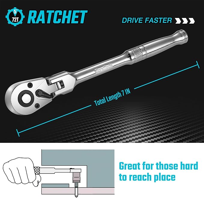 DURATECH 1/4" Drive Flex-Head Ratchet, 72-Tooth Ratchet Wrench, Quick-release, Reversible Switch, Full-Polished Chrome Plating, Alloy Steel