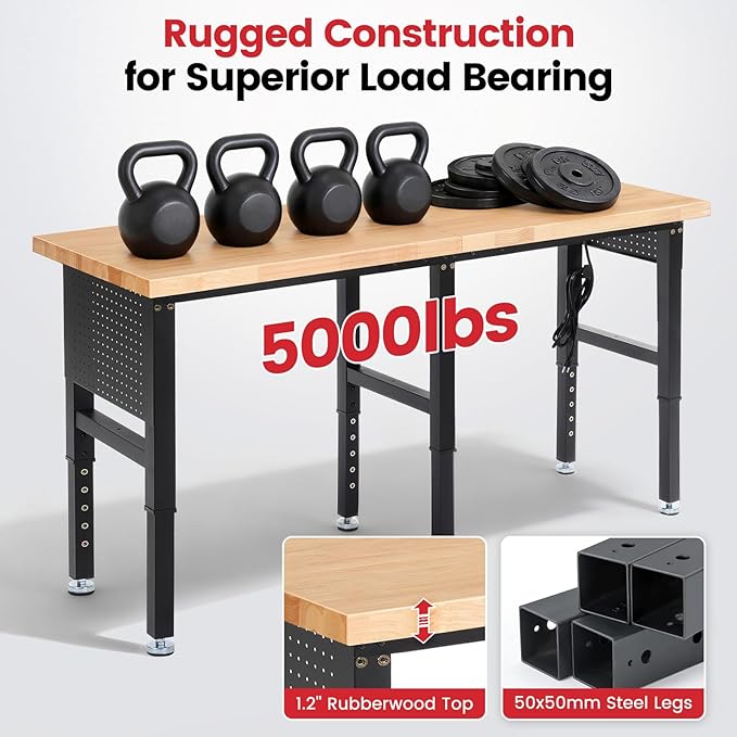 ENJOYWOOD Work Bench 72 Inch Adjustable Height Workbench with Power Outlets & Extended Pegboard 5000 lbs Load Capacity Heavy Duty Work Table for Garage, Workshop, Home, Office