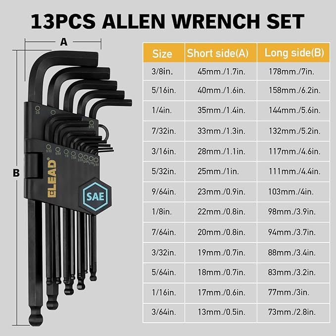 ELEAD 15-Piece SAE Hex Key Allen Wrench Set with Extension Bar, 3/64-3/8 Inch, Long Arm Ball End Design, Heat-Treated S2 Steel
