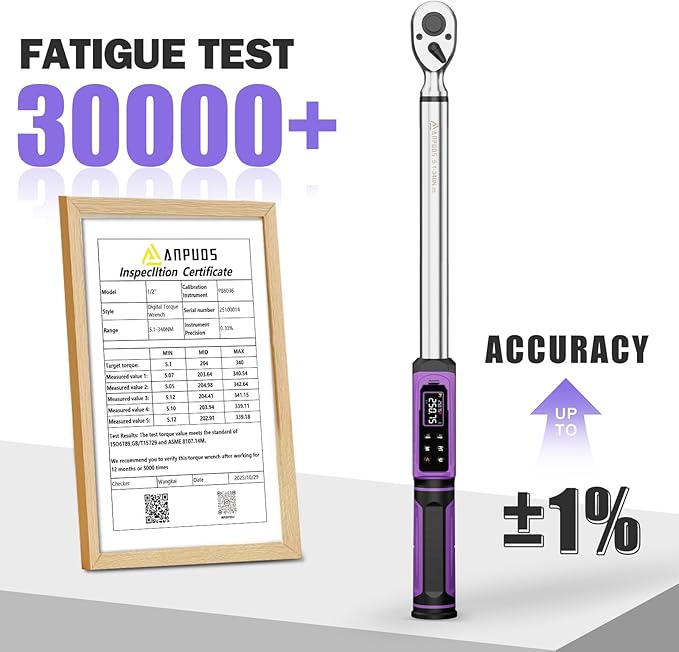 Digital Torque Wrench 1/2 Drive (3.76-250.75 Ft-lb/5.1-340 Nm), Inch Pound Torque Wrench Digital with ±1% Accuracy, Vibration, Buzzer LED, Electronic Torque Wrench Set for Motor Car Truck