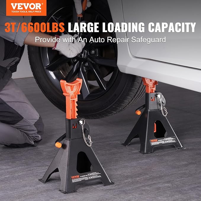 VEVOR Jack Stands, 3 Ton (6,000 lbs) Capacity Car Jack Stands Double Locking, 10.8-16.3 inch Adjustable Height, for Lifting SUV, Pickup Truck, Car and UTV/ATV, Red, 1 Pair
