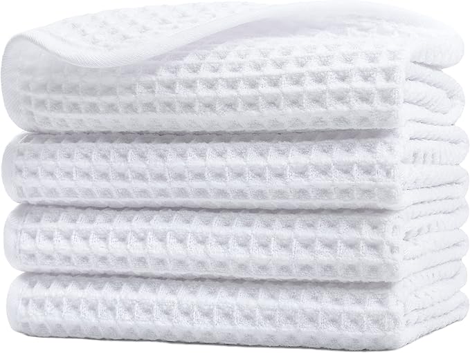 POLYTE 430 GSM Microfiber Lint Free Washcloth Face Towel, 13 x 13 in, 4 Pack (Waffle Weave)
