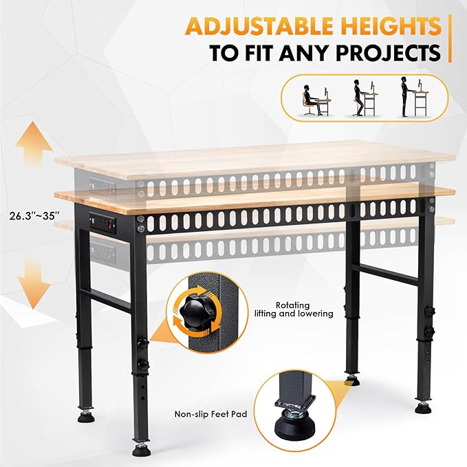 48" Height Adjustable Workbench, 2000 LBS Load Capacity Rubber Wood Top Workstation with Power Outlet and Foot Pads, Heavy-Duty Hardwood Worktable for Garage Workshop (with Foot Pads and Socket,48'')