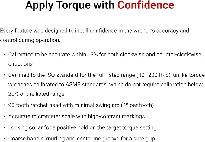 TEKTON 1/2 Inch Drive 90-Tooth Dual-Direction Micrometer Torque Wrench (40-200 ft-lb) | TRQ52402