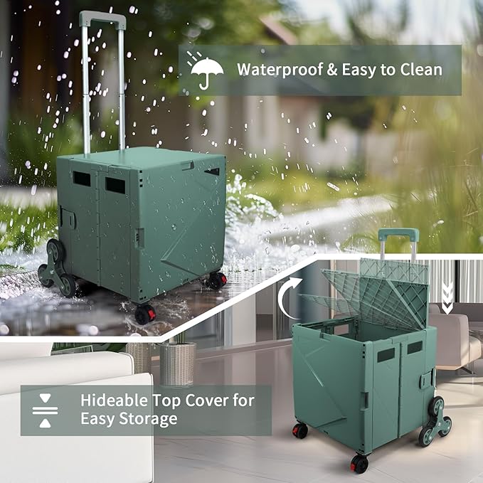 76L Folding Utility Cart Portable Rolling Crate Handcart Shopping Collapsible Tool Box with Stair Climbing Wheels,Hidden Lid,2 Rotate Wheels,for Grocery,Shopping,Office,Storage(Dark Green)