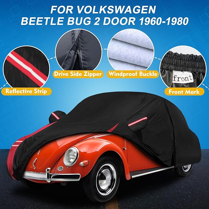 QUNSUNUS 6 Layer Car Cover for Volkswagen Beetle Bug 2 Door 1960-1980 Waterproof All Weather 210D Windproof for VW Beetle Bug Car Cover Hail Protection with Zipper