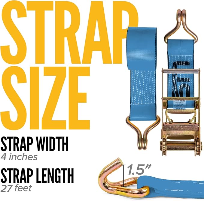 US Cargo Control J Hook Ratchet Strap 4 Inch x 27 Foot, 5,400 LBS Working Load Limit, Blue 4 Inch Ratchet Straps Heavy Duty for Flatbed Trailers, Professional Flatbed Hauling