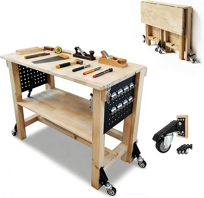48" Heavy Duty Foldable Workbench with Transformable Wheels and Tool Storage Shelf, Max Load 2500 LBS, Rubber Wood Work Bench for Garage, Woodworking Table with Pegboard