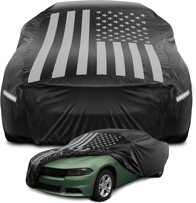 Motor Trend Black USA Flag Waterproof Car Cover - All Weather Outdoor Protection, UV Resistant, Windproof, Scratchproof - Semi-Universal Fit Sedan Full Car Cover for Sun Rain Snow (191”- 210” Length)
