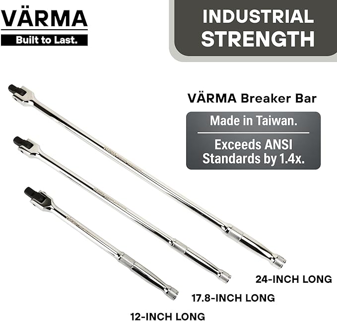 1/2-Inch Drive Breaker Bar, 18-Inch – Heavy Duty CR-MO Head & 18mm Thick Shaft – Dual-Knurled Non-Slip Grip, Constant Tension Flex Head, Premium Mirror Chrome Finish