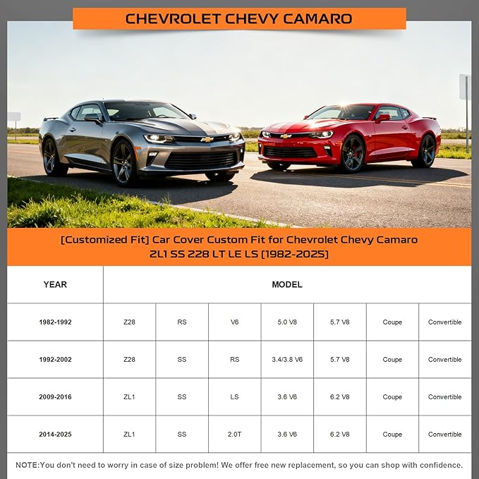 Kayme Heavy Duty Car Cover Custom Fit for Chevrolet Chevy Camaro ZL1 SS Z28 LT LE LS (1982-2025), Outdoor Full Exterior Cover with Tape and Towel, Rain Snow Sun UV Protection.