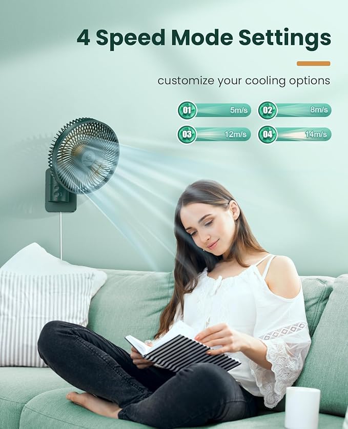 LEMOISTAR 8 Inch Small Wall Mounted Fan with Remote Control, 90° Oscillating, 4 Speeds High Velocity, Timer, Adjustable Tilt, 70 Inch Cord, Quiet, for RV Bedroom Home Office Garage-Green&Orange