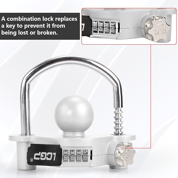 LCGP Trailer Hitch Lock with Combination Lock, Fits 1-7/8,2 and 2-5/16 Inch Couplers,Adjustable Storage Security, Heavy-Duty Steel, Silver Grey