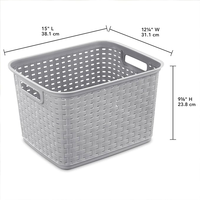 Sterilite 12-Pack Tall Weave Basket, Wicker-Style Plastic Open Storage Bin, Cement Gray - Multi-Purpose Decorative Organizer for Laundry Area, Shelves, Closets, Pantries, Living Rooms or Offices