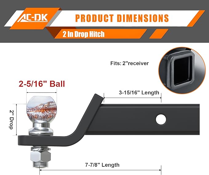 AC-DK Trailer Hitch Mount with 2-5/16-Inch Ball & Pin, Fits 2-Inch Receiver,2 inch Drop Hitch,7,500 lbs Capacity Ball Hitch, 750lbs TW