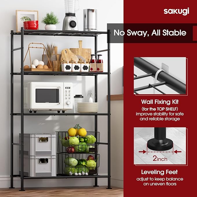 Sakugi Storage Shelves - 4 Tier Shelf Organizer, Heavy Duty Garage Shelving Unit with Leveling Feet, Stable Metal Shelves Organizer for Pantry, Kitchen and Closet, 33.0" W x 12.6" D x 57.2" H, Black