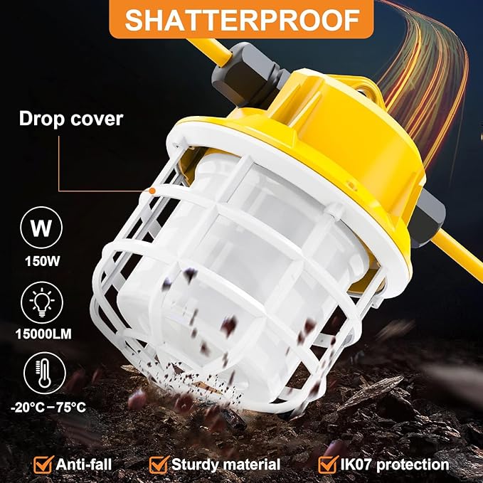 100ft LED Construction String Lights, 150W 15000LM Super Bright LED String Work Light, Construction Temporary Lights apply to Renovation, Courtyard, Jobsite, and All Outdoor Lighting (100ft-10lights)