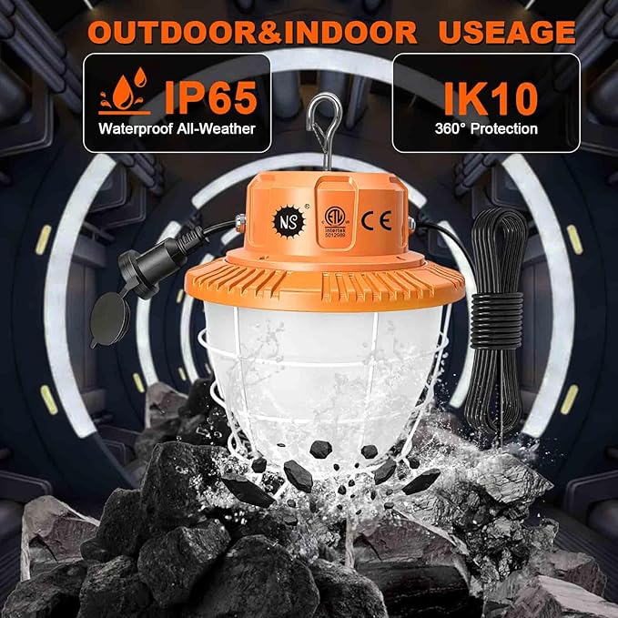 150W Temporary Work Light 360° Area 37500LM 5000K Light for Jobsite, IP65 Hanging Work Light with Hook, 3300 sq.ft Coverage Portable Construction Light for Garage Warehouse Workshop