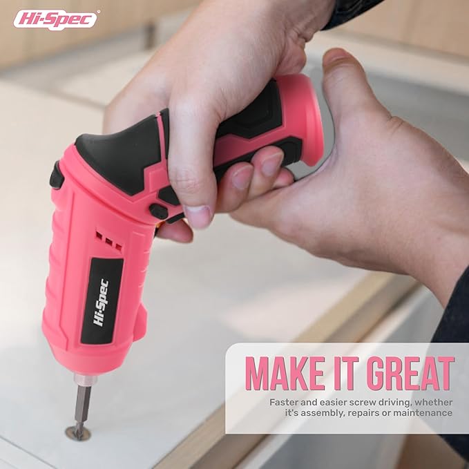 Hi-Spec 42pc Pink 4V USB Electric Power Driver & Household Tool Kit. Cordless Power Screwdriver and Hand Tools in a Compact Box Case