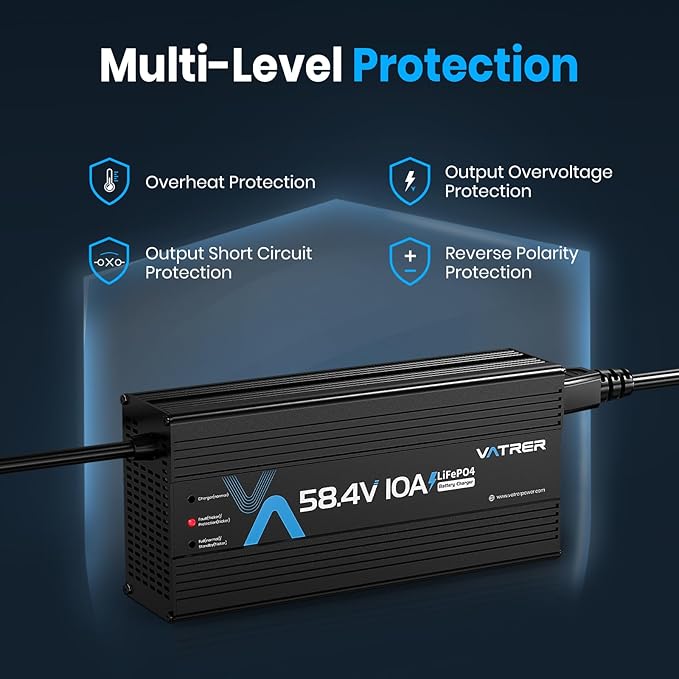 58.4V 10A AC-DC LiFePO4 Lithium Battery Charger for 51.2V 48V Rechargeable Lithium Battery, Built-in 4 Safety Protections & Cooling Fan, with Smart LED Indicator