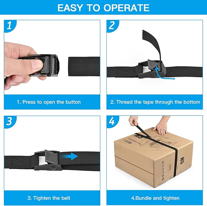 Kshineni Tie Down Straps 6 Pcs Lashing Ratchet Strap 1" x 3.3' Adjustable Heavy Duty Cam Buckle Cinch Straps for Cargo, Trucks, Luggage, Trailer, Motorcycle (Black)