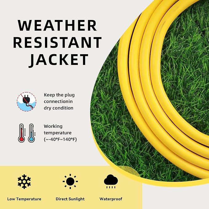 EP 12/3 50 FT Indoor Outdoor Yellow Extension Cord Waterproof, 12 Gauge 3 Prong Power Cord Flexible Resistant Appliance Extension Cable Electric Cable Outside, 15A 1875W 12AWG SJTW, ETL Listed