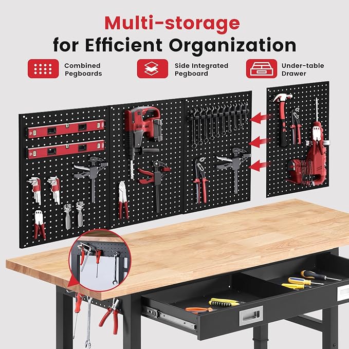 ENJOYWOOD Work Bench with Drawers Adjustable Workbenches for Garage 60 Inch Rubber Wood Top Garage Workbench with Pegboard,Power Outlets for Woodworking, Home, Office, Workshop