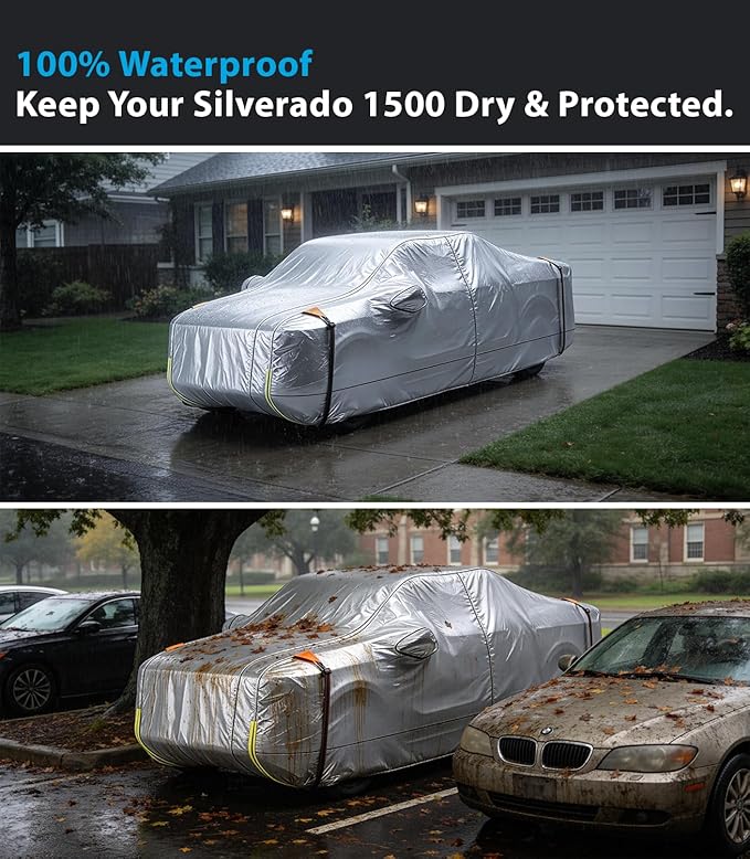 Wigoo Chevrolet Silverado 1500 Truck Car Cover Accessories 2019-2026, Custom Fit Waterproof All Weather Outdoor Full Pickup Cover, Windproof UV Rain Snow Dust Protection, Door Zipper, Breathable Desig