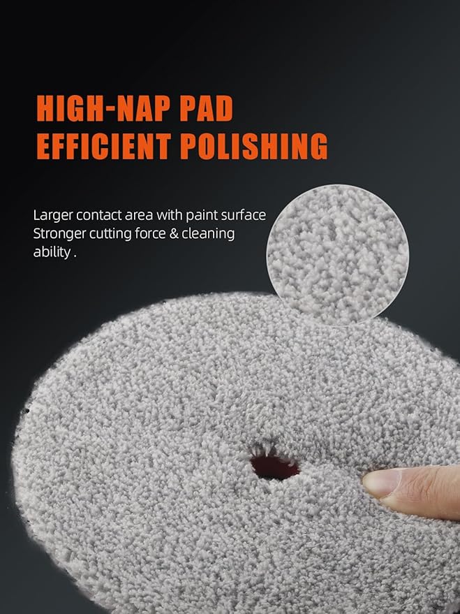 7Pcs 5inch Polishing Pads Set, 1 Blue Moderate Cut Pad, 1 Red Ultra Final Finish Pad, 3 White Heavy Cut Wool Pad, Gray Microfiber Fast Cutting Pad, 1 White Microfiber Finishing Pad for Car Polisher