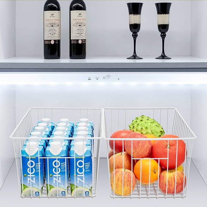 16Lx12Wx6H inch Wider Freezer Organizer Baskets Container, Refrigerator Metal Wire Storage Bins with Handles for Kitchen, Pantry, Cabinet, Closets - Pearl White(3 Packs)