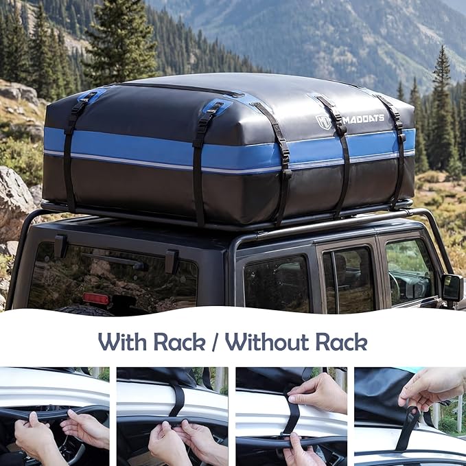 Rooftop Cargo Carrier, 22 Cubic Ft Car Roof Cargo Carrier for All Vehicles, 840D Waterproof Car Top Carrier with Anti-Slip Mat, 6 Hooks, Storage Bag,Zipper Lock for Tripping & Moving - Blue