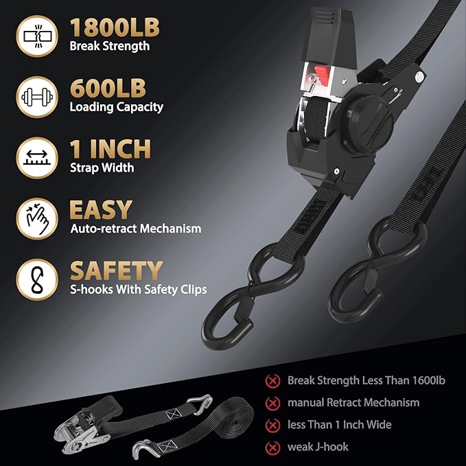 10FT Retractable Ratchet Straps(4-Pack) - 1 Inch (1800 LB Break Strength) Heavy Duty Self Retracting Ratchet Straps with Soft Loops & Storage Bag for Household, Motorcycle, Truck, ATV(Black)