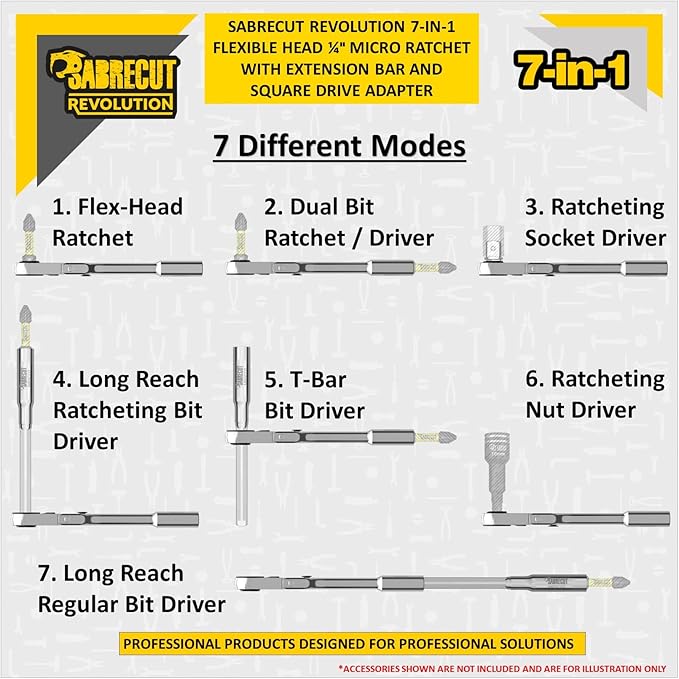 1 x SabreCut MRSC07 7-in-1 Flex Head 6.3mm 1/4" HEX Magnetic Mini Micro Ratchet with Extension Bar and 1/4" Square Drive Socket Adapter Stainless Steel Professional 60 Tooth Gear Hand Ratchet Wrench