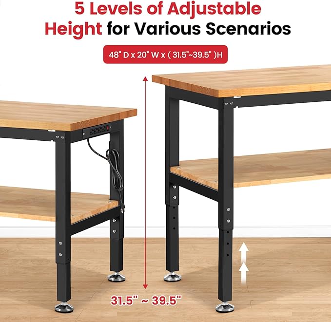 ENJOYWOOD 48" x 20" Adjustable Height Workbench with Under Table Shelf Heavy Duty Rubberwood Top Work Table for Garage, Workshop, Office & Home