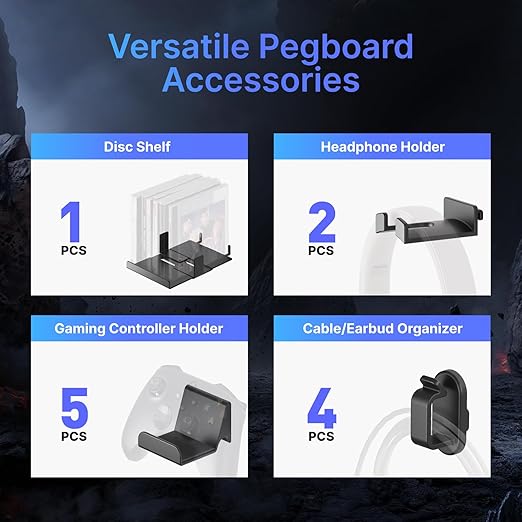 PEGZONE Controller and Headphone Holder Wall Mount, Modular Gaming Pegboard with Accessories, Controller Stand for Xbox PS5 PS4 Switch, Video Game Storage, Disc Shelf Organizer, 7pcs Pegboard, Black