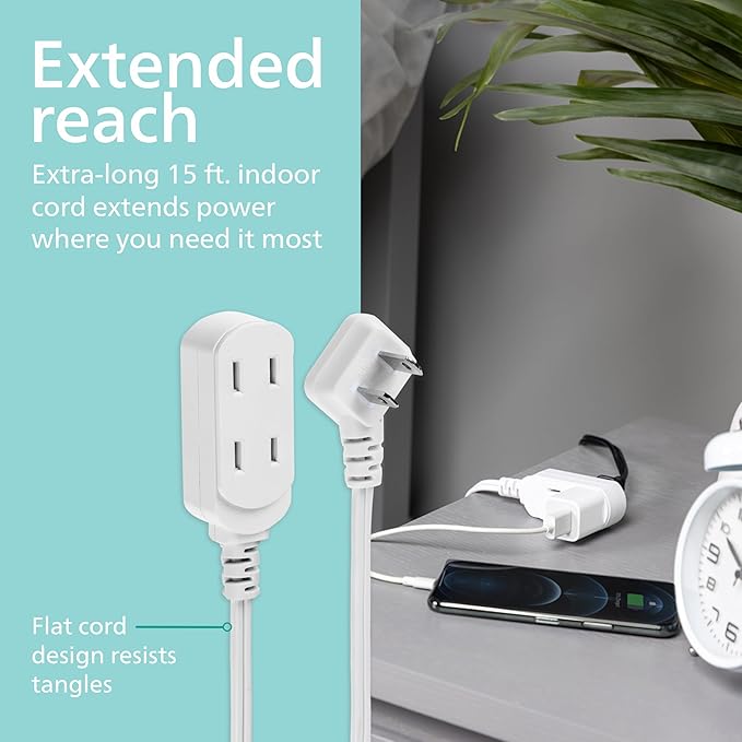 Philips 2-Pack Indoor Extension Cord Power Strip 15 ft, Flat Plug with Multiple Outlets, 2 Prong, White, ETL Listed, SPS3185W/37